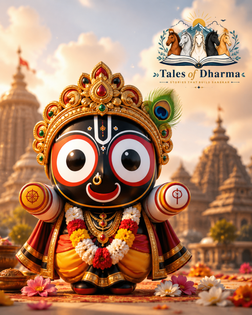agannath Puri Lord Jagannath Chibi Character | Tales of Dharma Cute 3D Disney Pixar-style Lord Jagannath illustration with large round eyes, golden crown, and colorful garlands in front of Jagannath Puri Temple by Tales of Dharma.