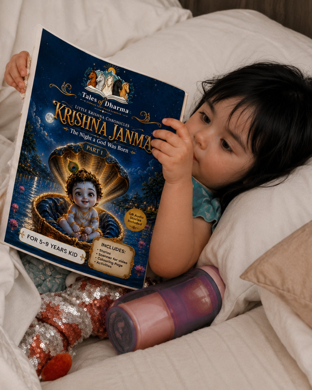 Little girl reading Tales of Dharma Krishna Janma book – best bedtime story book for kids